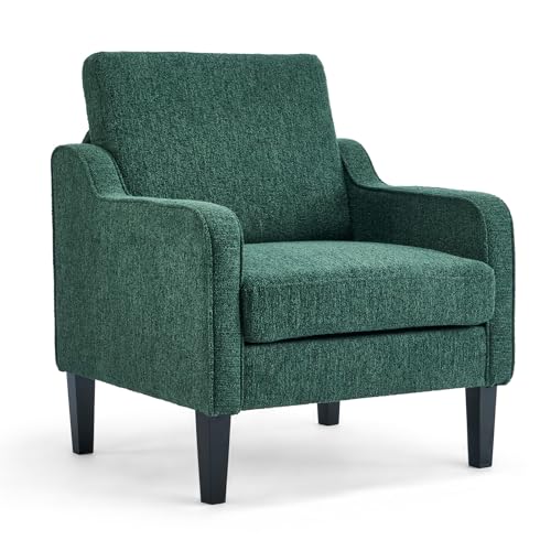 VINGLI Upholstered Chenille Accent Chair for Living Room, Bedroom, Mid-Century Modern Arm Chair Comfy Reading Chair with Scooped Arms (1, Dark Green) - color: Dark Green