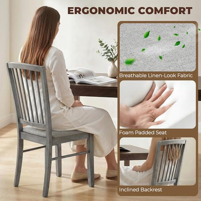 HOMCOM Farmhouse Dining Chairs Set of 2 Rubberwood Legs, Rustic Gray | Upholstered Linen Fabric, Kitchen Chairs, for Kitchen, Dining Room - color: Rustic Gray