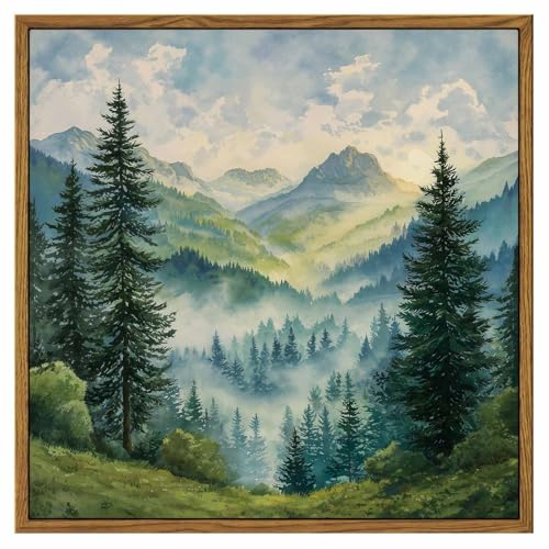 InSimSea Mountain Forest Canvas Wall Art Framed 12x12, Landscape Art Print | Vintage Peaceful Mountain View Nature Scenic Artwork for Living Room Bedroom Office Rustic Home Decor - color: Misty Mountains, size: 12"L x 12"W