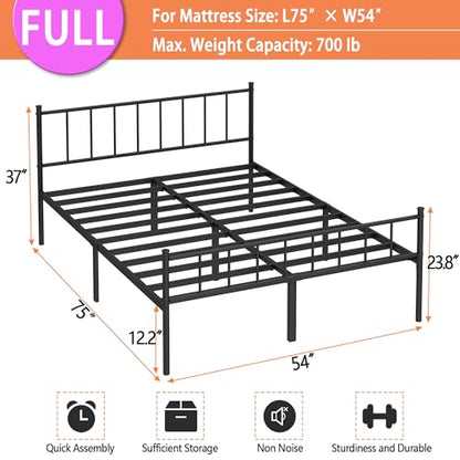 DIIYIV Full Metal Bed Frame,Steel Slat Support,Noise Free,Easy Assembly | Full Size Bed,Mattress Foundation,Underbed Storage,No Box Spring Needed - size: Full