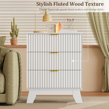 Fluted Nightstand with 3 Large Drawers, Wooden Side End Table with Elevated Legs for Easy Cleaning, Sturdy Modern Beside Table for Small Space, Bedroom, White, 24" L - color: White