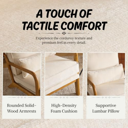 Karl home Mid-Century Modern Accent Reading Chair, Creamy | Chenille Upholstered, Solid Wood Frame, Soft Cushion, Lumbar Pillow, Lounge Armchair for Living Room, Bedroom, Balcony, Study - color: Chenille Creamy
