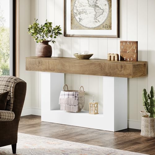 Tribesigns 63" Console Table, Farmhouse 2-Tier Entryway Table with U-Shaped Base, Narrow Long Wood Sofa Table Behind Couch Table for Living Room, Hallway, Foyer, Light Brown & White - color: Light Brown & White