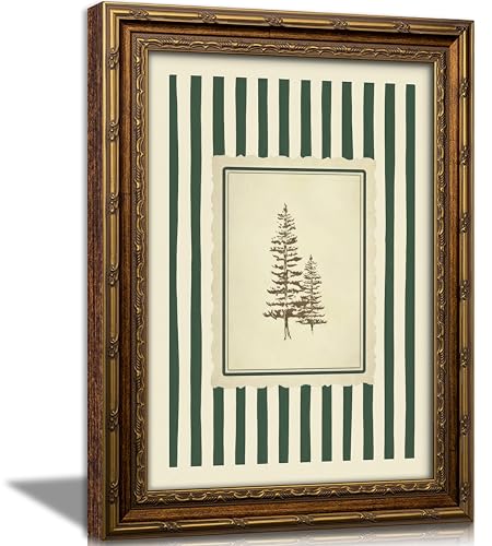 Vintage Gold Framed Pine Tree Wall Art, Green Striped Botanical Tree Canvas Prints, Hand Drawn Forest Landscape Quiet Wall Decor, Rustic Farmhouse Woodland Poster Artwork for Bedroom Living Room Office Decor, 9x11in - color: Tree, size: 11"L x 9"W