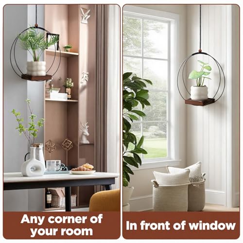 2 Pack Hanging Planters,12 Inch Metal Plant Hanger Flower Pot Holder | for Indoor Outdoor Plants, Sturdy Wood Base, Modern Boho, Minimalist, Basket, Wall Ceiling Window Stands, Home Wall Decor