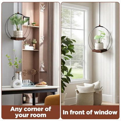 2 Pack Hanging Planters,12 Inch Metal Plant Hanger Flower Pot Holder | for Indoor Outdoor Plants, Sturdy Wood Base, Modern Boho, Minimalist, Basket, Wall Ceiling Window Stands, Home Wall Decor