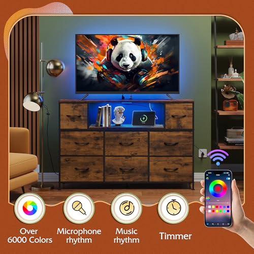 WLIVE LED Dresser TV Stand for 55 Inch TV, 8 Drawers, Rustic Brown | Fits TVs up to 55 inch, 8 fabric drawers, LED chest of drawers, Built-in power outlet, Living room or bedroom - color: Rustic Brown