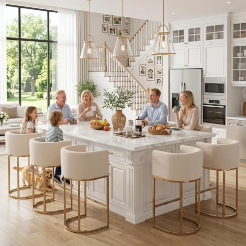 HNY Modern Cream Counter Height Barrel Upholstered Counter Stools Set of 2, 29 Inch Linen Fabric Kitchen Island Stools with Gold Metal Frame - color: 29inch Cream,gold Base