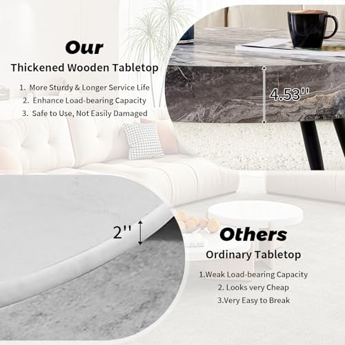 Round Coffee Table, Small Wood Marble Coffee Table with Metal Legs, Modern Mid Century Circle Tables Accent Center Tables for Living Room Apartment Small Space (31.5''D-Marble Grey) - color: Marble Grey