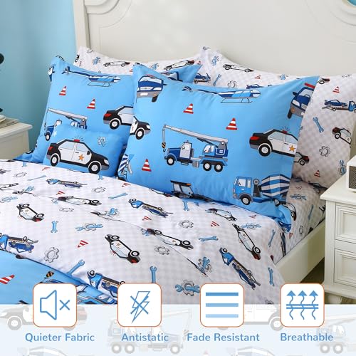 Kids Twin Comforter Sets for Boys 6 Pieces Blue Bedding Set for Teens Microfiber Police Car Plane Kids Bed in A Bag with Comforter, Sheet Set, Shams and Decorative Toy Pillow All Season - color: Police Car Plane, size: Twin