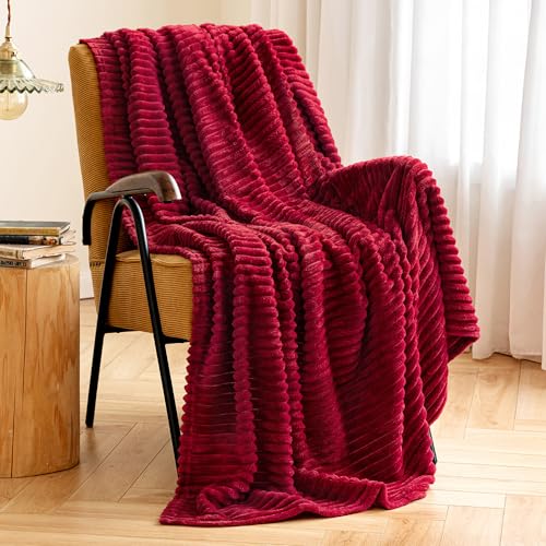 MIULEE Fleece Throw Blanket for Couch 300GSM Super Soft Lightweight Plush Striped, Burgundy Red Warm Cozy Breathable Ribbed Blanket for Bed/Sofa, Throw Size 50"x60" - color: Burgundy Red, size: 50"x60"