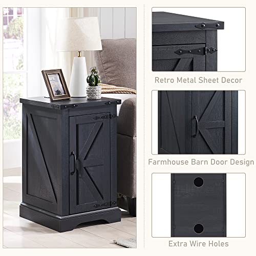 Farmhouse 17" Nightstand with Charging Station, Black | Rectangular/ Rustic End Table with Barn Door /Adjustable Shelf/ Wood Sofa Side Table/ for Living Room, Bedroom - color: Black Color