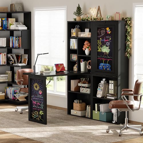 Small Folding Desk with Outlets, Fold-Out Murphy Desk Craft Table | Foldable Wall Mounted Desk Cabinet with Storage, Craft Cabinet with Fold Out Table, Multi-Function Desk for Small Spaces - color: Black