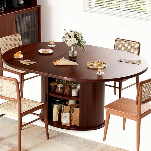 Extendable Round Dining Table for 2-4-6, 63 Inch Dining Room Kitchen Table with 2-Tier Storage Shelf, Modern Farmhouse Fluted Wood Slide Door Dinner Furniture,Oval Circle(Walnut-63 Inch) - color: Walnut-63 Inch