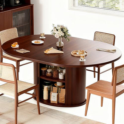Extendable Round Dining Table for 2-4-6, 63 Inch Dining Room Kitchen Table with 2-Tier Storage Shelf, Modern Farmhouse Fluted Wood Slide Door Dinner Furniture,Oval Circle(Walnut-63 Inch) - color: Walnut-63 Inch