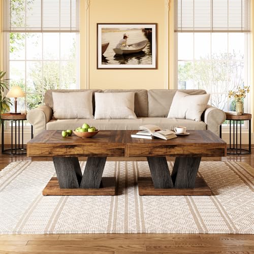 LITTLE TREE Square Coffee Table, Modern Rustic Coffee Table for Living Room, Wooden Table with Adjustable Feet, Brown - color: Brown + Black