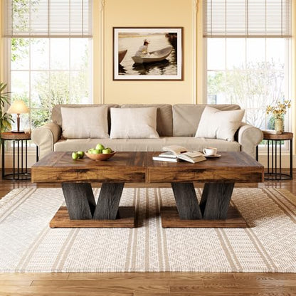 LITTLE TREE Square Coffee Table, Modern Rustic Coffee Table for Living Room, Wooden Table with Adjustable Feet, Brown - color: Brown + Black