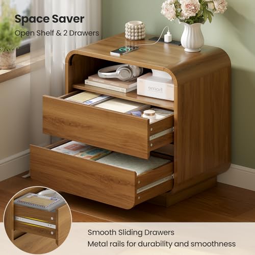 HAUOMS 23.6" Wide Wood Bedside Table, Curved Profile Design, Walnut | Charging Station, 2 Storage Drawers, 25" Tall Nightstand, Large Mid Century End Table, Bedroom/Living Room, Easy Assembly - color: Walnut