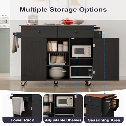 Furnify Kitchen Island with Wheels & Drawers, Kitchen Island Cart, Black | Rolling Kitchen Island with Drop Leaf, Mobile Kitchen Storage Cabinet with Towel Rack & Spice Rack for Dining Room, Kitchen