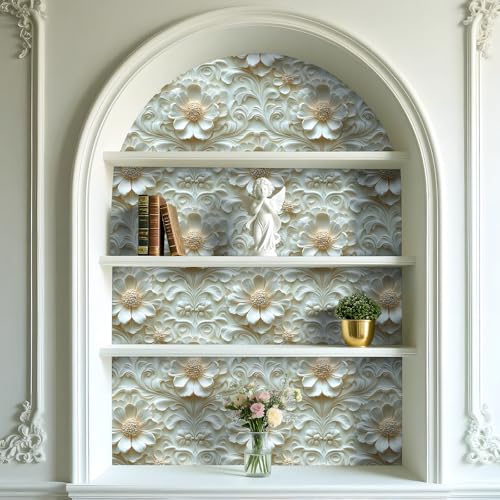 Livelynine Luxury Gold and White Floral 3D Wallpaper Peel and Stick Accent Wall Cover Self Adhesive Ceiling Wallpaper Beige Cream 3D Floral Contact Paper Decorative Wall Panels for Bathroom 17.5x78.8 - size: 17.5" x 78.8"