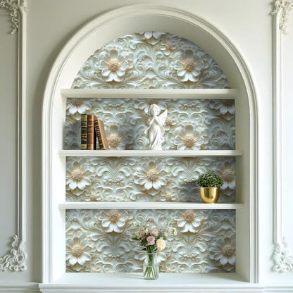 Livelynine Luxury Gold and White Floral 3D Wallpaper Peel and Stick Accent Wall Cover Self Adhesive Ceiling Wallpaper Beige Cream 3D Floral Contact Paper Decorative Wall Panels for Bathroom 17.5x78.8 - size: 17.5" x 78.8"