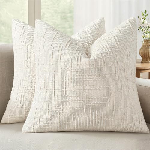 MIULEE Chenille Textured Throw Pillow Covers Cream White 20x20 Set of 2 | Slubby Decorative Pillows, Boho Farmhouse Home Decor, Modern Neutral Cushion Covers for Couch Sofa Bed Living Room - color: Cream White, size: 20" x 20" (Pack of 2)