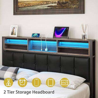 VECELO Farmhouse Metal Bed Frame Twin Size with Wooden Headboard & Footboard, Solid Platform Mattress Foundation with Storage, LED Light, Charging Station, USB Ports, Noise-Free, Easy Assembly, Black - size: Twin