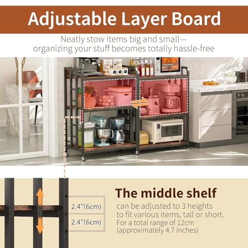 Baker's Rack with Power Outlet, 3-Tier Adjustable Microwave Cart, Brown | Microwave Stand with Storage, Spice Rack，Locking Wheels, Coffee Station for Kitchen，Living Room，Coffee Bar，Office - color: Rustic