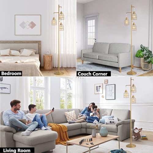 9MMML Golden Dimmable Floor Lamp,Industrial Gold Farmhouse Tall Standing Lamp for Living Room, Bedroom Office,3 Teardrop Cage Lampshade,3 LED Bulbs Inculded, 68'' Tall - color: Gold B