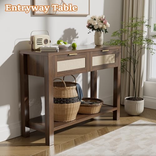 Boho Chic Console Table with 2 Rattan Drawers and Open Shelf Storage, Narrow Farmhouse Sofa Table for Small Space Entryway, Living Room,Hallway,Walnut - color: Walnut