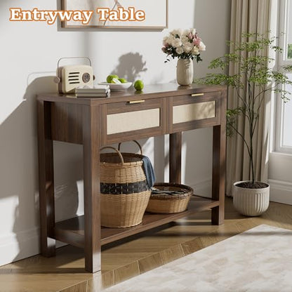 Boho Chic Console Table with 2 Rattan Drawers and Open Shelf Storage, Narrow Farmhouse Sofa Table for Small Space Entryway, Living Room,Hallway,Walnut - color: Walnut