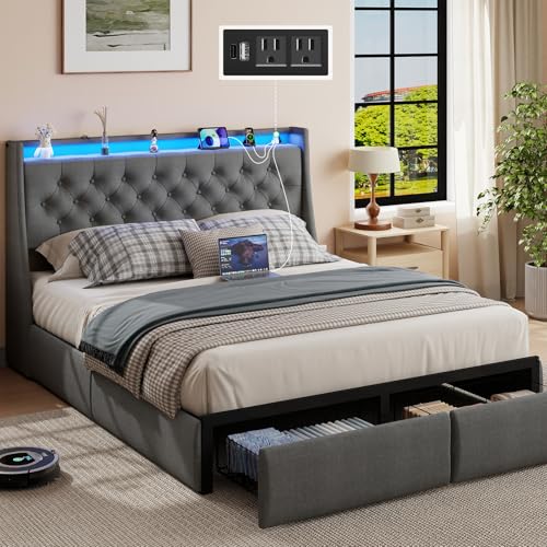 SADENICEL Full Size Bed Frame with 2 Storage Drawer, Full Bed Frame, Grey | Headboard with Charging Station and LED Lights, Metal Platform Bed with Storage Shelf, Noise Free, No Box Spring Needed - size: Full, style: 2 Storage Drawer