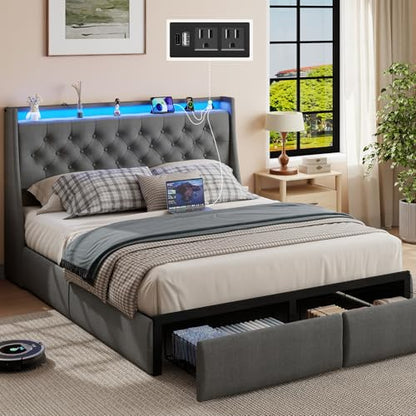 SADENICEL Full Size Bed Frame with 2 Storage Drawer, Full Bed Frame, Grey | Headboard with Charging Station and LED Lights, Metal Platform Bed with Storage Shelf, Noise Free, No Box Spring Needed - size: Full, style: 2 Storage Drawer