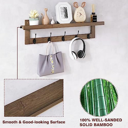 SMIBUY Coat Hooks with Shelf Wall-Mounted, 29.2 Inch Entryway Coat Rack for Wall, Bamboo Hanging Shelf with 5 Double Metal Hooks for Bathroom, Bedroom, Kitchen, Living Room, Mudroom (Walnut) - color: Walnut+Black