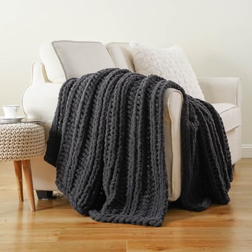 Battilo Chunky Knit Throw Blanket for Couch, 50"x60", Charcoal | Hand Knit, Dark Grey Throw Blanket, Cozy Warm Thick Soft Chenille Throw Blanket for Bed, Sofa, Living Room - color: Charcoal
