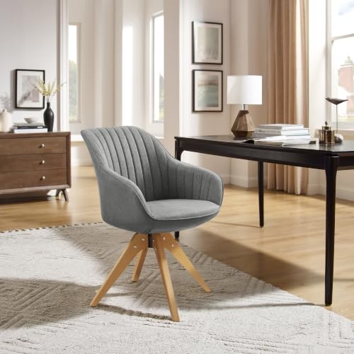 Swivel Desk Chair for Home Office, Fabric, Grey | No Wheels, Beech Wood Legs, Mid Century Modern, Upholstered, 360° Swivel, Accent Chair, Living Room, Bedroom - color: Grey/Beech Wood, size: Fabric