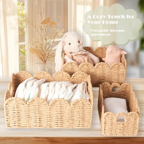 Scalloped Wicker Baskets Set of 3, Hand-Woven Storage with Handles | set of 3 tan scalloped baskets with handles. Hand-woven paper rope for shelves, bathroom or closet. Stackable, sturdy. - color: Tan