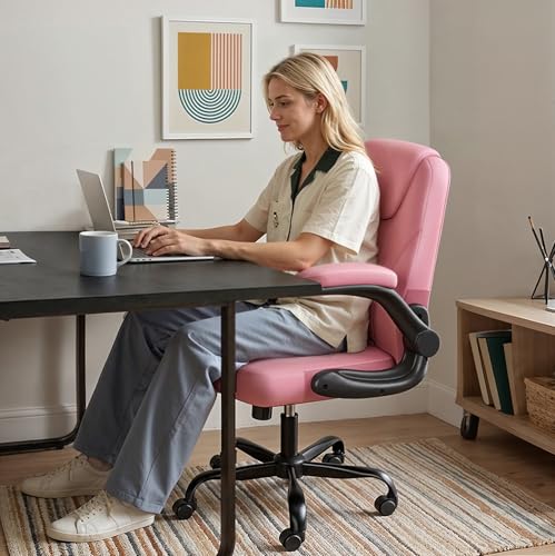 Ergonomic Office Chair, Mid Back Executive PU Leather Desk Chair with 3.5" Dual-Layer Cushion, Flip-up Armrests, Swivel Rolling Wheels, Adjustable Height, Pink - color: Pink