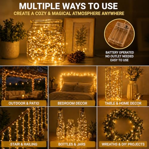 Christmas Hook™ 150 LED Fairy Lights, 50FT Warm White Copper Wire Lights, Battery Operated Fairy String Lights with Timer (6Hr/18Hr), Indoor Outdoor Fairy Lights for Room, Wedding, Mason Jar Decor