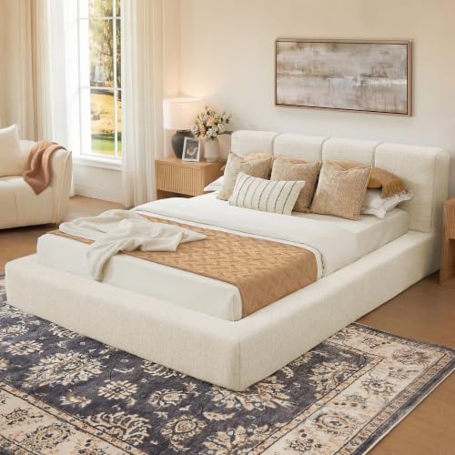 Cloud Queen Bed Frame with 6'' Headboard, 5.1'' Thick Foam Bed Frame with Culp Fabric Upholstered, Modern Floor-Standing Metal Platform Support, Easy Assembly, No Box Spring Needed, Ivory - color: Jordan Fnw Ivory, size: Queen (U.S. Standard)