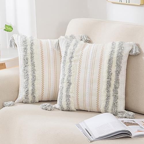 decorUhome Light Grey and Cream White Throw Pillow Covers 18x18 Set of 2 | Decorative Boho Accent Neutral Tufted Modern Farmhouse Textured Pillow Covers for Couch Bed Sofa Living Room - color: Light Grey and Cream White, size: 18" x 18" (Pack of 2)