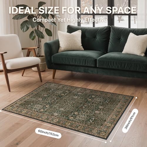 3x5 Washable Area Rug for Living Room, Dark Green Brown | Vintage Distressed Floral, Spill Resistant, Lightweight Low Pile Non-Shedding Carpet for Bedroom, Dining Room and Office - color: Dark Green Brown, size: 3' x 5' (Rectangular)