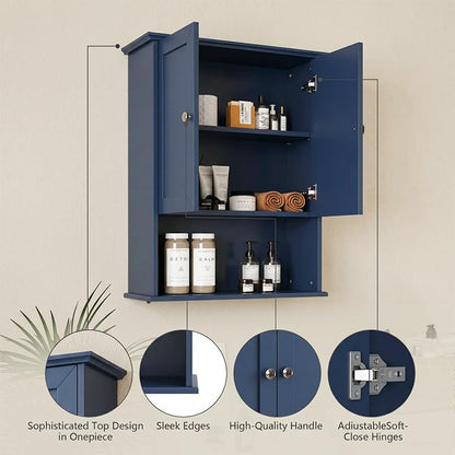Medicine Cabinet, Over The Toilet Storage Cabinet, 24x30 Inch Wall Mount Bathroom Storage Cabinet with 2 Doors & Adjustable Shelf, Wooden Bathroom Wall Cabinet, Blue - color: Blue