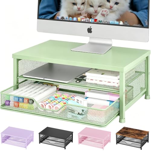 Computer Monitor Stand Riser, Desk Organizer with Drawer, Printer & Laptop Stand, Office Desk Accessories & Workspace Desktop Organizers Storage for Office Supplies(Green) - color: Green