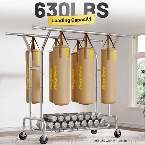 Raybee Heavy Duty Clothes Rack 630 LBS Double Rods Sturdy Shelves & Wheels | Rolling Clothing Rack with 360° Lockable Wheels, Easy Assembly, Portable Adjustable Garment Rack for Home & Commercial - color: Silver