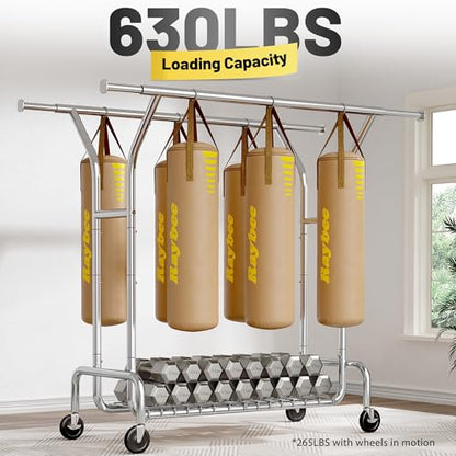 Raybee Heavy Duty Clothes Rack 630 LBS Double Rods Sturdy Shelves & Wheels | Rolling Clothing Rack with 360° Lockable Wheels, Easy Assembly, Portable Adjustable Garment Rack for Home & Commercial - color: Silver