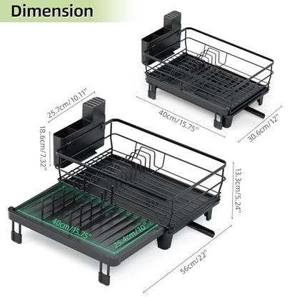 TOOLF Expandable Dish Drying Rack for Kitchen Counter, Black | Extendable 12"-22"W, Fast Draining, Large Capacity, Fits Large Plates, Utensil Holder, 3-4 People Family - size: 1-Tier(Front Extension)