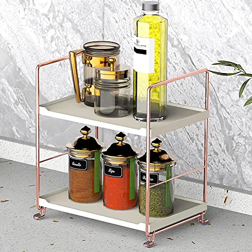 Plastic/Metal Freestanding Stackable Organizer Shelf,Bathroom Countertop Storage Shelf Cosmetic Organizer Holder Kitchen Spice Rack,2-Tier Standing Rack (Rose Gold) - color: Rose Gold