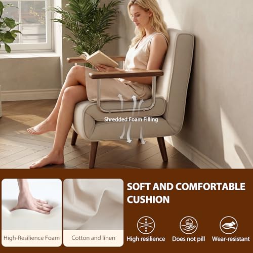 SUIYIMU Folding Chair Bed, 3-in-1 Convertible Sleeper Chair Bed, Futon Chair with 6-Level Adjustable Backrest for Guest Room Apartment Dorm, Cream Beige-Walnut - color: Walnut and Beige Color