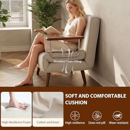 SUIYIMU Folding Chair Bed, 3-in-1 Convertible Sleeper Chair Bed, Futon Chair with 6-Level Adjustable Backrest for Guest Room Apartment Dorm, Cream Beige-Walnut - color: Walnut and Beige Color